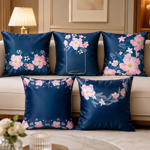 Image of Decorative Satin Sofa Cushion Covers Set of 5, 16 x 16 Inches, Multicolor Floral Printed Pillow Covers for Living Room, Bedroom, Couch & Sofa, Soft Glossy Fabric, Zipper Closure