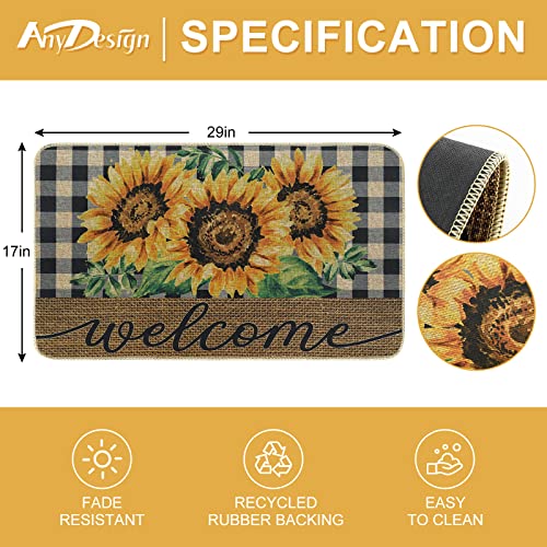 Anydesign Sunflower Welcome Doormat Rustic Farmhouse Buffalo Plaids Front Door Mat Non-Slip Spring Summer Decorative Flower Door Rugs Carpet Floor Mat For Indoor Outdoor Home Office Decor, 17 X 29 In #TOP2
