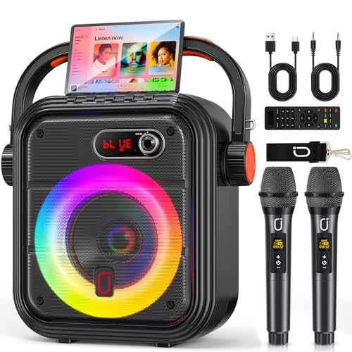 Image of JYX Karaoke Machine with 2 Wireless Microphones, Portable Bluetooth Speaker PA System with Shoulder Strap, RGB Lights, Subwoofer Support TWS, USB, Radio, AUX, REC, Bass&Treble for Home Party /Adults
