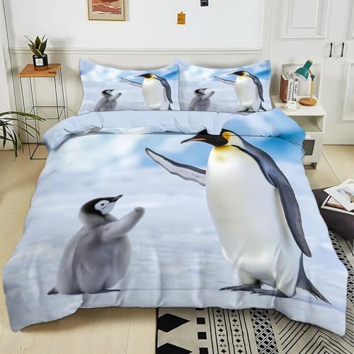 Housse de Couette Enfant 90x190 cm Pingouin Arctique Imprimé Parure de lit 2 Personnes 3 Pièces Confortable Doux Polycoton avec Fermeture Éclair Literie et...
