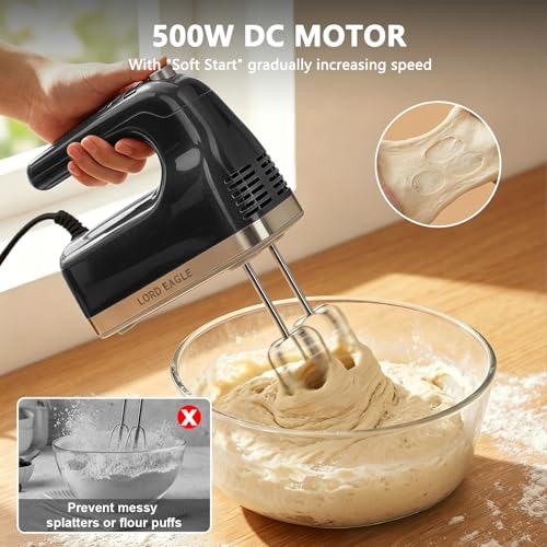 Image of Lord Eagle 9-Speed Digital Hand Mixer Electric Handheld, 500W DC Motor Kitchen Mixer for Cake Baking, Lightweight Egg Beaters with Stain-resistant & Waterproof Storage Bag & 6 Accessories, Black