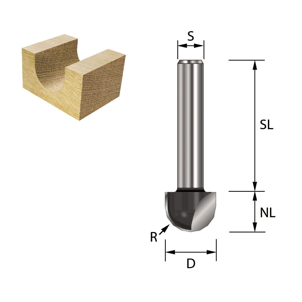 ENT 12296 Fresa per cave, Gambo (S) 8 mm, Raggio (R) 10 mm, Diametro (D) 20 mm, NL 16 mm, SL 32 mm, metallo duro, lavorazione del legno, Router