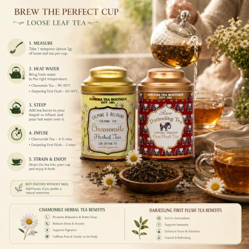 Image of Sancha Tea Boutique, Tea Combo Pack: Chamomile Herbal (50g), Caffeine Free Tisane & Rare Darjeeling First Flush Teas (100g), Spring Season Harvest of 2026