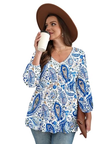 Image of OFEEFAN 3 /4 Length Sleeve Womens Tops 2026 Blouses for Women Dressy Casual Fashion Clothing V Neck Babydoll Tops Fall Outfits