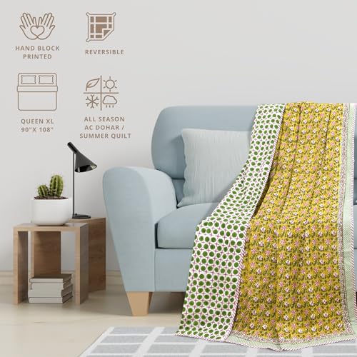 Image of TOAIArt Premium Jaipuri Dohar | AC Blanket Summer Quilt | Hand Block Printed | 3 Layers | Reversible | 150GSM 100% Mulmul Cotton | 100% Cotton Flannel Filling | King 108 inch X 90 inch |Pink Floral Pond