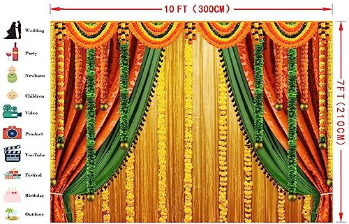 Image of Lofaris India Pooja Photography Backdrop Puja Ganpati Pooja Traditional Mehndi Festival Background Decorations Wedding Party Marigold Garlands Photo Props 10x7ft