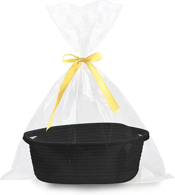 Black Woven Cotton Rope Gift Basket with Handles for Storage & Gifting