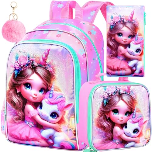 Image of AGSDON 3PCS Unicorn Backpack for Girls, 16 inch Kids Backpacks for Girl Water Resistant Preschool, Elementary Bookbag with Lunch Box