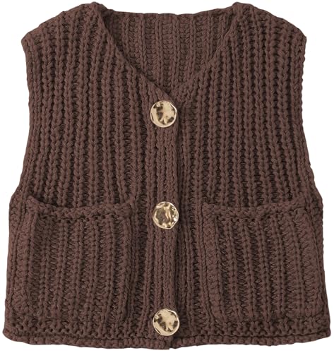 Image of UEU Womens Chunky Sweater Vest Button Down Sleeveless Cardigan V Neck Crop Crochet Knit Tops 2025 Fashion Trendy Clothes
