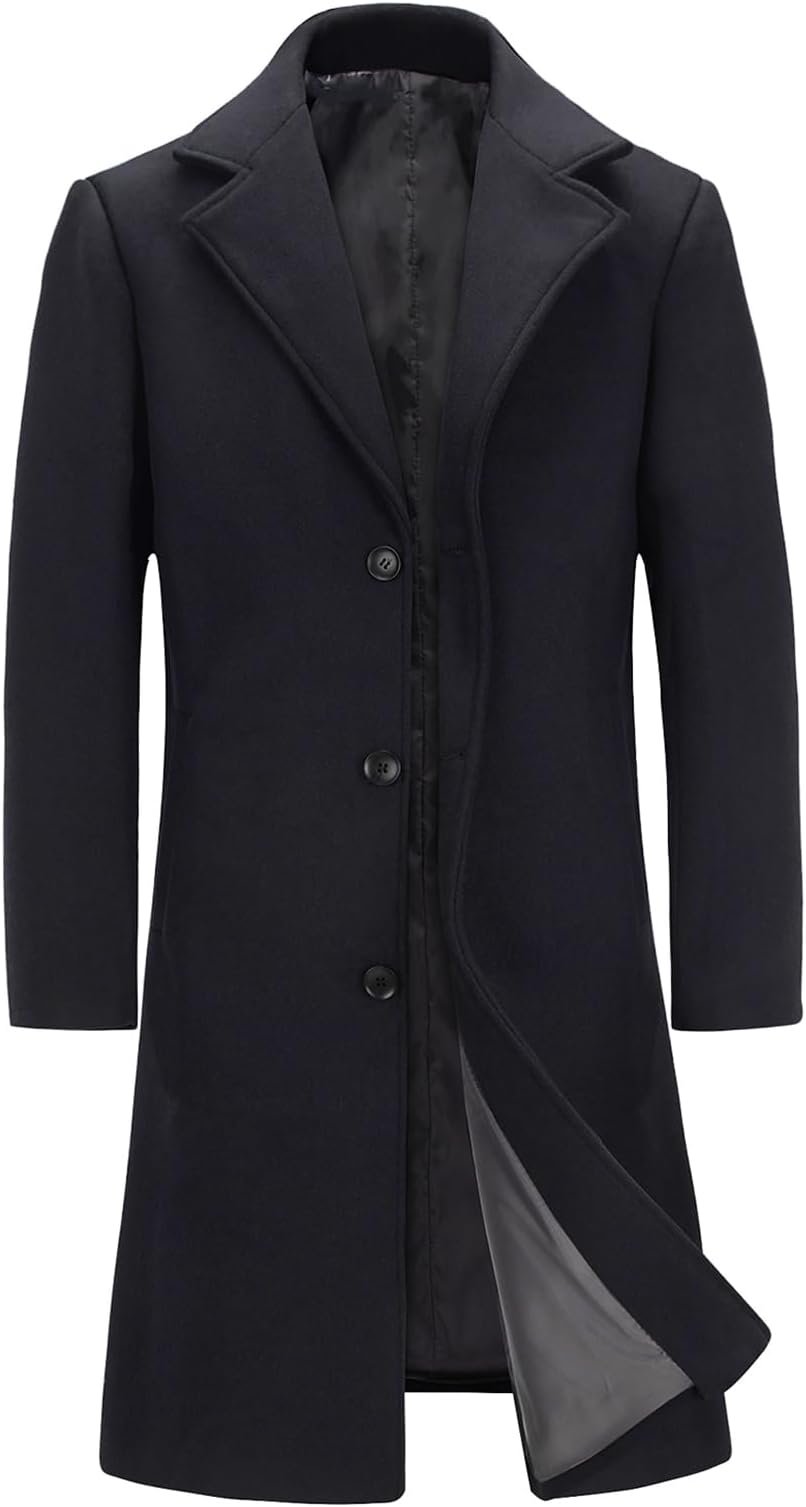 Men's Wool Blend Long Trench Coat Notched Collar Single Breasted Overcoat Warm Winter Pea Coat