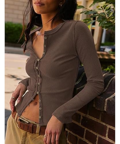Image of Women's Slim Fitted Cardigan Ribbed Knit Long Sleeve Button Down Shirt Crewneck Y2K Blouse Tops,Coffee,S