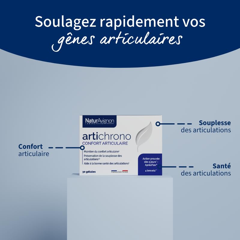 Artichrono | articulation | réduction des gênes à partir de 5 jours | action rapide | boswellia | PEA | Vitamine C | 4 brevets | Fabriqué en France | 30 gélules | Laboratoire NaturAvignon
