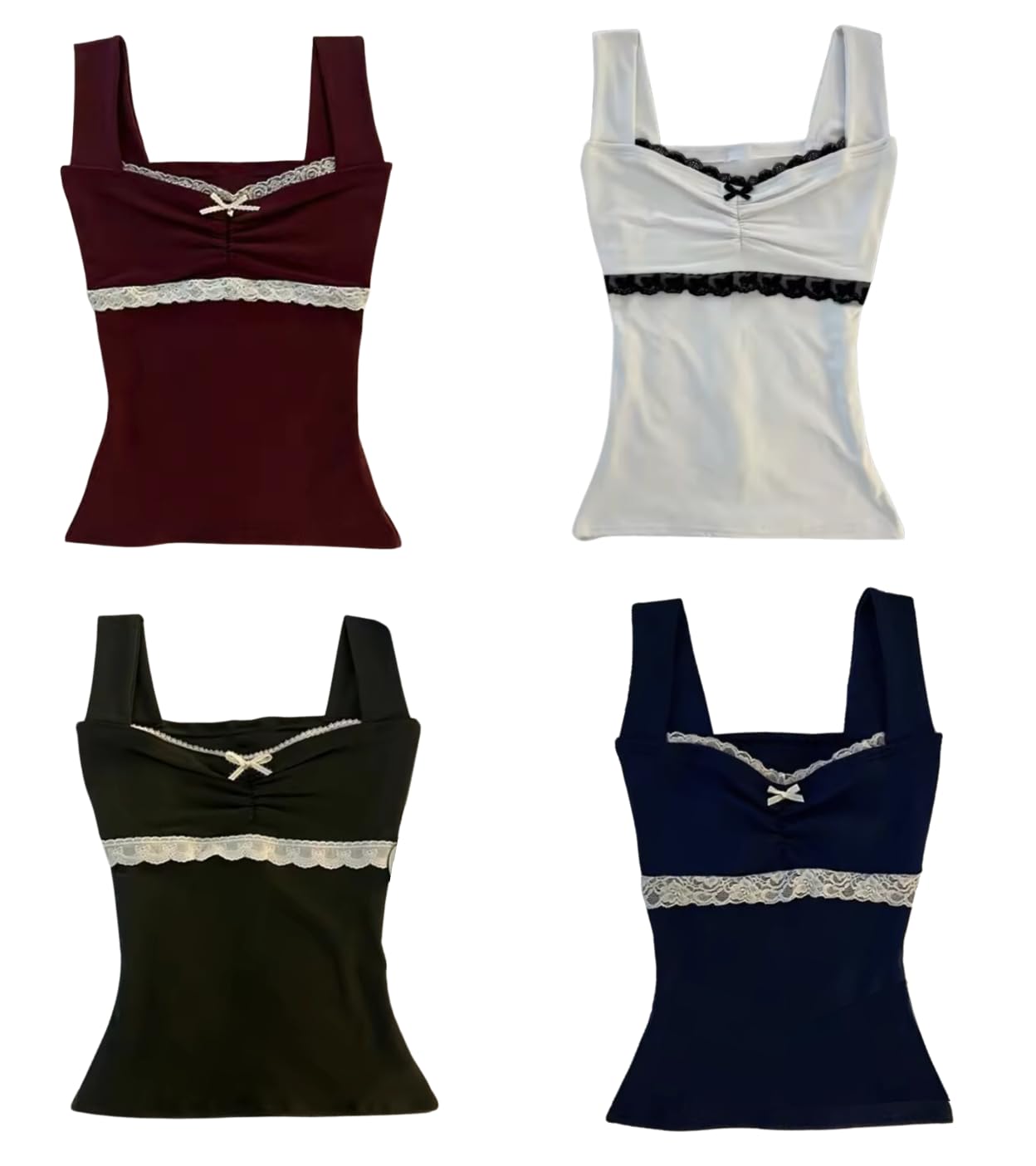 Womens Lace Trim Tank Top with Bow Detail 4-Pack Burgundy White Black Navy Harajuku Retro Gothic Y2K Girls