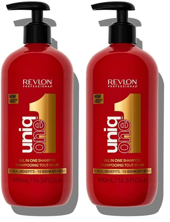 REVLON PROFESSIONAL UniqOne Champú y Acondicionador Pelo Todo en Uno, Tratamiento Hidratante para el Pelo, Repara Cabello Seco y Dañado, Desenredante y Control del Encrespamiento, 490ml (Paquete de 2)