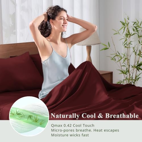 Image of King Size Sheet Set, Viscose Bamboo Sheets for Bed Set 4pcs, 100% Viscose Derived from Bamboo, Hotel Luxury Silky & Cooling for Hot Sleepers, Deep Pocket Up to 17 inch, Burgundy