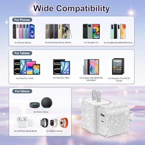 Image of Aolcev for iPhone Charger Fast Charging Bling 2 in 1 USB C Charger Block | 25W Type C Fast Charging Blocks Bling USB A USB C Adapter for iPhone 17 16 15 14 13 iPad Galaxy S26 S25 Rhinestones Sliver