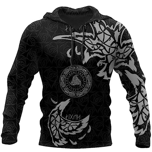 qsebhnj Norse Men's Viking Huginn Muninn Hoodie 3D Print Horns of Odin Tattoo Pullover Hoodie (Color : Hoodie, Size : 5XL)