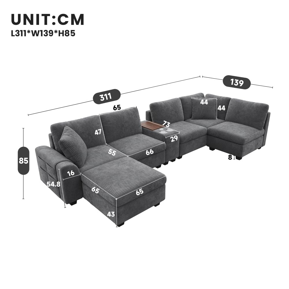 Sapgaks Canapé d'angle modulable en U/L,canapé 6 Places,avec Pouf de Rangement,Console Centrale,2 Porte-gobelets,USB/Type C,Compartiments cachés et Poches d'accoudoir,Velours (Gris)
