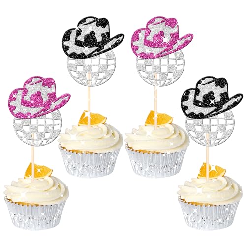 24 PCS Glitter Western Cowboy & Cowgirl Hat Cupcake Toppers - Disco Ball Picks for 70s Disco Music Theme Party Supplies
