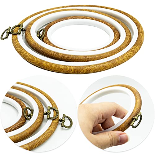 Image of 3 Sizes Imitated Wood Display Oval Round Embroidery Hoop Set Plastic Circle Cross Stitch Hoop Rings for DIY Craft Sewing,Including 16pcs Gold Eye Sewing Needles