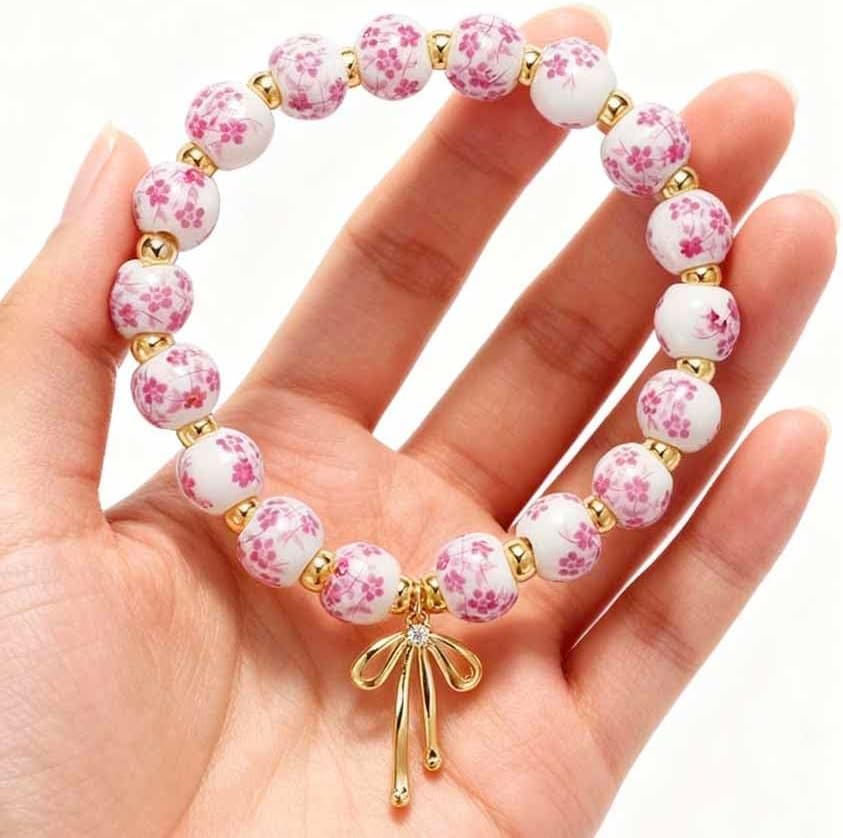 Beads Bow Charm Bracelet for Women, Vintage Flower Handmade Bracelet Stretch Beaded Dainty Romantic Jewelry Gifts Valentines Day Gifts - Image 4