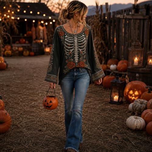 Womens Halloween Shirts Vintage Skeleton Crew Neck Bell Sleeve Top - image 4