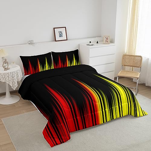 Image of Red, Yellow & Black Comforter Set - Full Size, Kids Boys Girls Ombre Striped Duvet Set 3Pcs