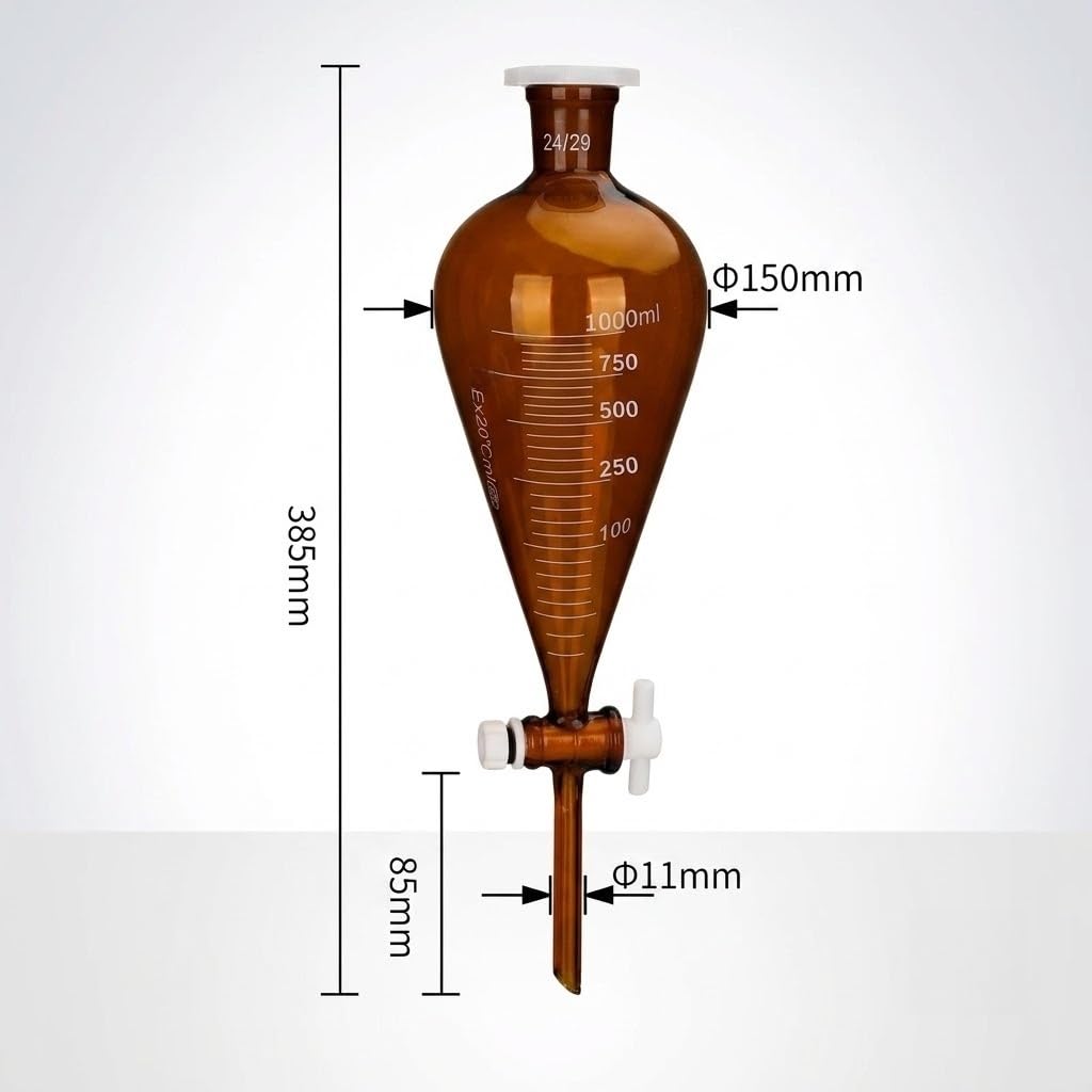 Embudo Decantación Ámbar Vidrio Borosilicato Llave PTFE Matraz Lab-1000ml 24/29