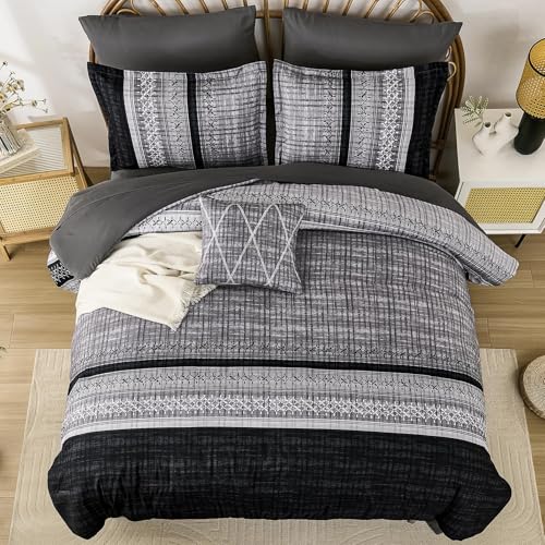 Image of Dintszyayue Black Comforter Set Full Size, 8 Pieces Boho Striped Bed in a Bag Soft Microfiber Bedding Set for All Season
