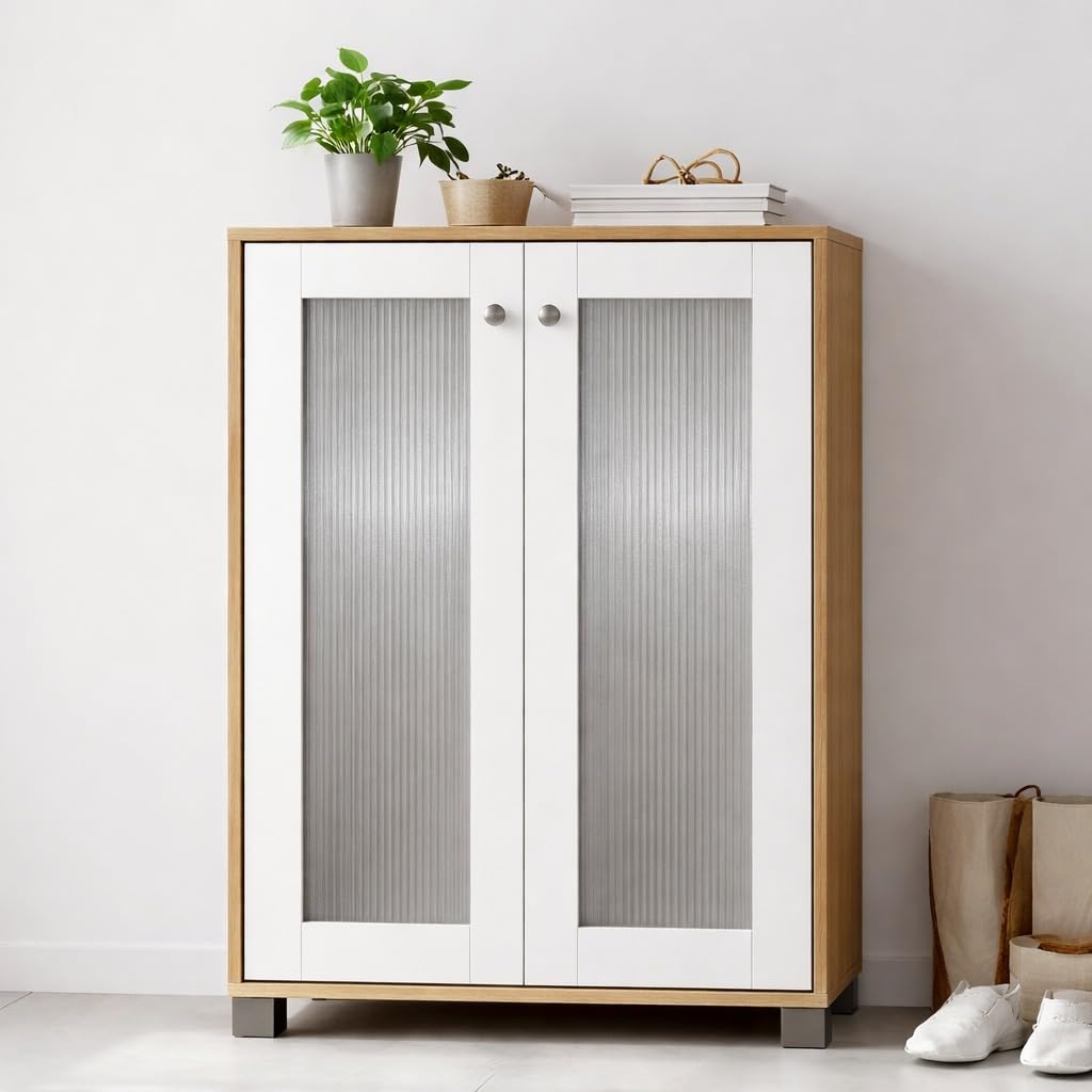 Mevigo Wooden Shoe Rack Cabinet for Entryway – Modern 2 Door 4-Tier Storage Organizer, Wooden Cupboard for Home, Space Saving Shoe Rack Wallnut Shoes Storage Cabinet -White-RB2
