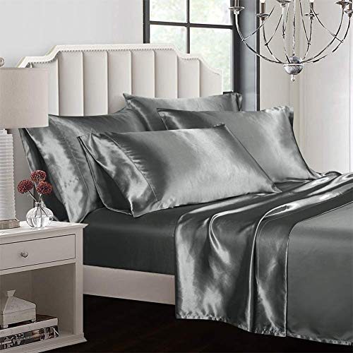 AiMay Jogo de lençol de cama de cetim com 6 peças, bolso profundo, supermacio, luxuoso, seda rica, c