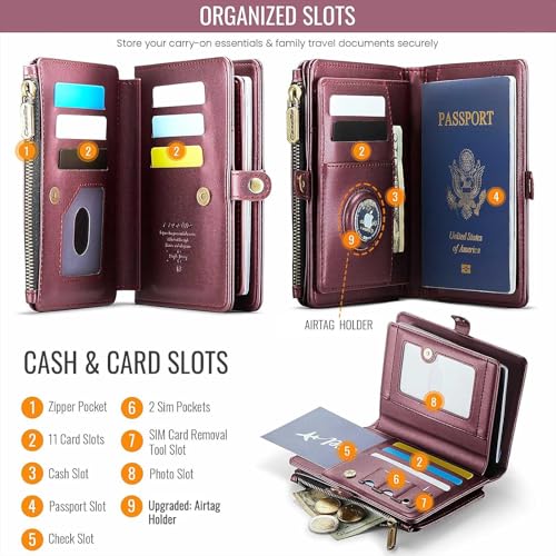 Image of Passport Wallet with AirTag Holder, RFID Blocking Passport Holder for Travel Family, PU Leather Document Organizer with 11 Card Slots & Wrist Strap, Wine