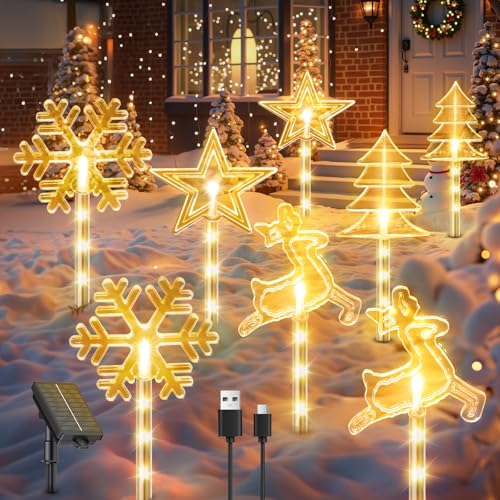 RECHOO Outdoor Christmas Decorations, 8 Pack Solar Pathway Christma...