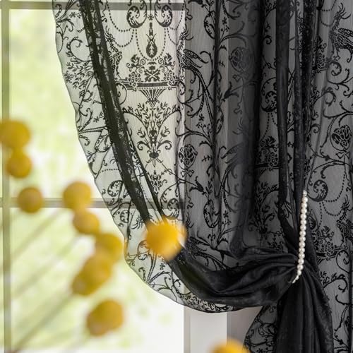 TUDECO Black Lace Curtains 63 Inch Length 2 Panels -