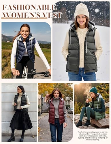 Tuopuda Damen Weste Steppweste Westen Ärmellos Jacke Herbstmantel Damen Kurz Outdoor Vest Gilet mit Kapuze und Taschen(Schwarz,M)