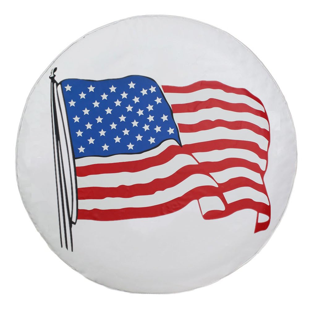 Spare Tire Cover, White Wheel Cover with American US Flag PVC Leather Waterproof Dust-Proof Universal Fit for Jeep, Trailer, RV, SUV, Camper and Van (18 Inch)