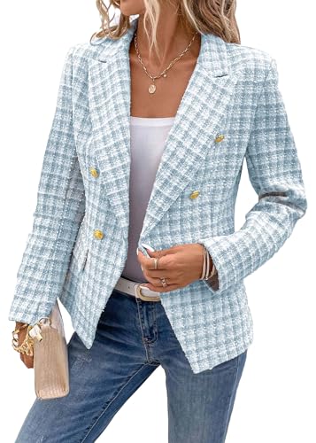 Mina Self 2025 Fall Women's Tweed Plaid Blazer Jacket - Fashion Slim Fully-Lined Double-Breasted Casual Work Coat (Pockets)3