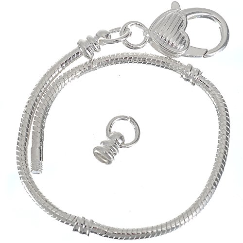 Rubyca 10Pcs White Silver Plated Heart Lobster European Snake Chain Bracelet Fit Charm Beads 7.5" #TOP1