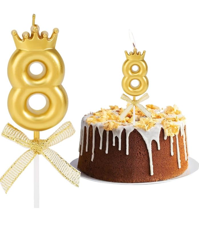 Image of Fun Affairs Number 8 Candle With Crown For Birthday, Wedding, Valentines Day Celebration, Bachelorette Cake Topper For Decoration, 1 Pc, Gold, Wax, Unscented