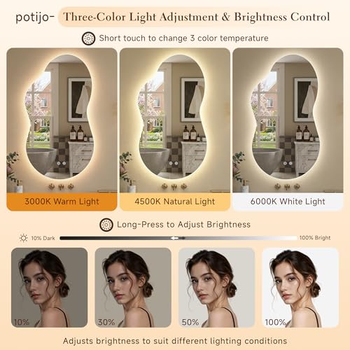 Image of Irregular LED Mirror with Lights 40x24 Inch Backlit Asymmetrical Bathroom Mirrors for Wall Cloud Lighted Vanity Mirrors Shatterproof, Anti-Fog, Dimmable, 3 Colors (Horizontal /Vertical)