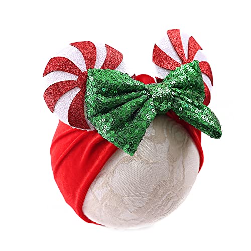 Image of JIAHANG Christmas Mouse Ears Headwrap with Lollipop, Velvet Hair Bow Turban Knotted Headband, Baby Girl Wide Hairband for Newborn Infant Toddler, Party Headwear (christmas headwrap 2)