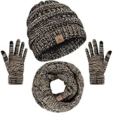 3 in 1 Winter Set, Beige Black Mix Hat Scraf and Touch Screen Glove, Warm...