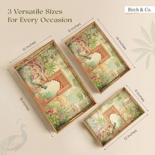 Image of Birch & Co. Wooden Tray Set for Serving - Trays Set of 3 - Elegant Rectangular Trays Large with Easy-Grip Handles, Multipurpose Kitchen, Dining & Home Decor Organize,Royalgallop