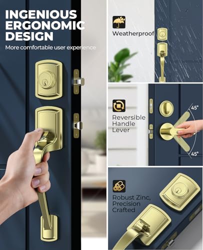 Image of Front Door Handle and Deadbolt Set for Right & Left Handed, Front Door Lock Set with Single Cylinder Deadbolt, Entry Doors Locksets with Modern Exterior Handle, Reversible Lever, Gold