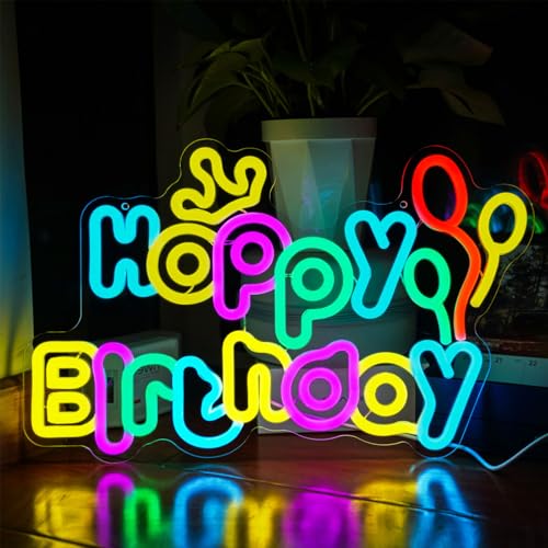 Image of Happy Birthday Neon Sign, USB Powered Dimmable LED Light up Sign for Backdrop Wall Decor,Plug & Play Birthday Decoration for Party, Works with Power Bank /Laptop /Adapter, Reusable Happy Birthday Light (16.54 inchx10.39 inch)