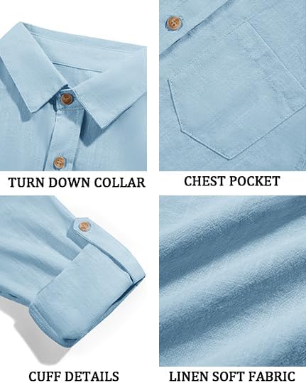 Haloumoning Boys Linen Button Down Dress Shirt Kids Long Sleeve Shirts Tops with Chest Pocket 5-14 Years - Image 6