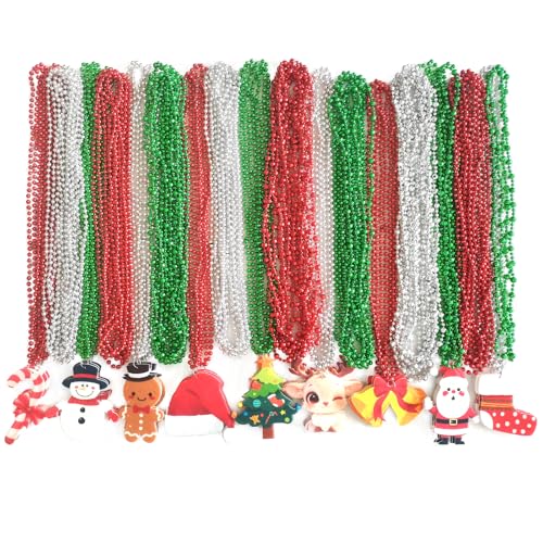 Voopurbic 100 Pack Christmas Bead Necklaces, Metallic Red Silver Green Mardi Gras Beads Necklaces With Cute Xmas tree Snowman Santa Claus Pendants For Christmas Party Decoration