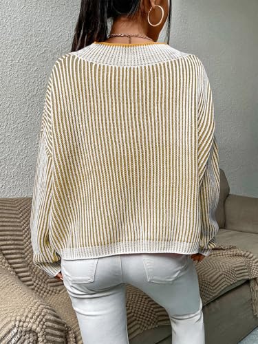 Image of Cakulo Womens Fall 2025 Oversized Striped V Neck Sweaters Long Sleeve Knit Color Block Trendy Pullover Sweater Top