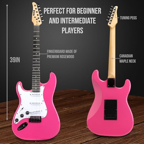 Image of LyxPro Left Hand 39 Inch Electric Guitar and Starter Kit for Lefty Full Size Beginner's Guitar, Amp, Six Strings, Two Picks, Shoulder Strap, Digital Clip On Tuner, Cable and Soft Case - Pink