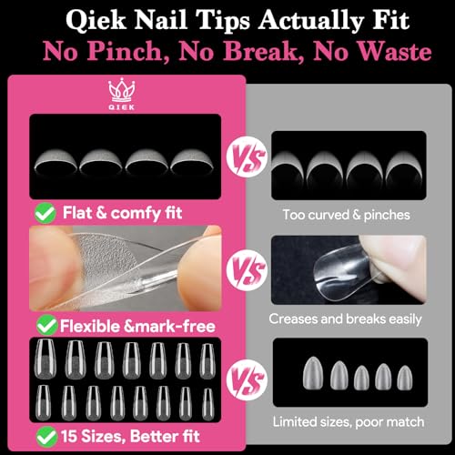 Image of Medium Coffin Nail Tips, 15 Sizes 510 PCS Clear Gel Tips | 510 PCS clear medium coffin tips with half-matte full cover, pre-shaped for bulk salon or home manicures.